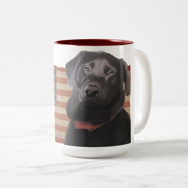 Beautiful Labrador Retriever American Flag Two-Tone Coffee Mug (Front Right)