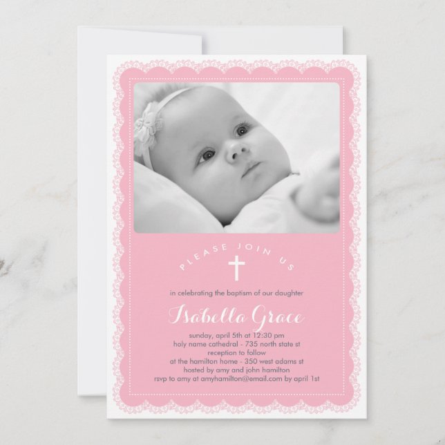 Beautiful Lace Baptism Invitation - Pink (Front)