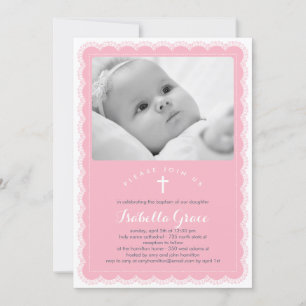Beautiful Lace Baptism Invitation - Pink