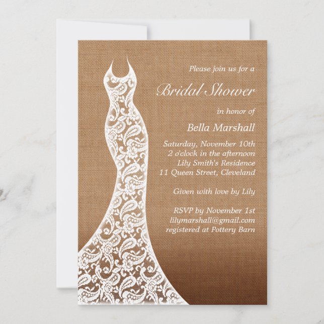 Beautiful Lace & Ombre Burlap Bridal Shower Invite (Front)