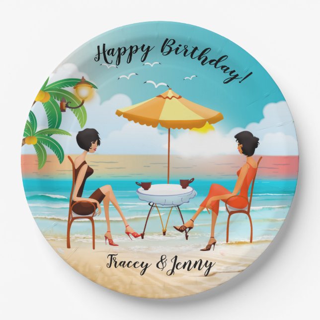 Beautiful Ladies At The Beach Birthday Paper Plate (Front)