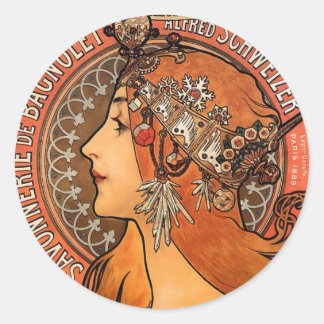Beautiful ladies profile - Mucha Classic Round Sticker