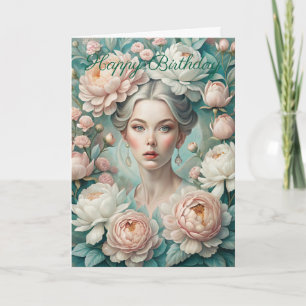 Beautiful Lady and Flowers Birthday Card