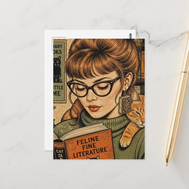Beautiful Lady and Her Cat Reading Postcard (Front/Back In Situ)