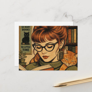 Beautiful Lady and Her Cat Reading Postcard