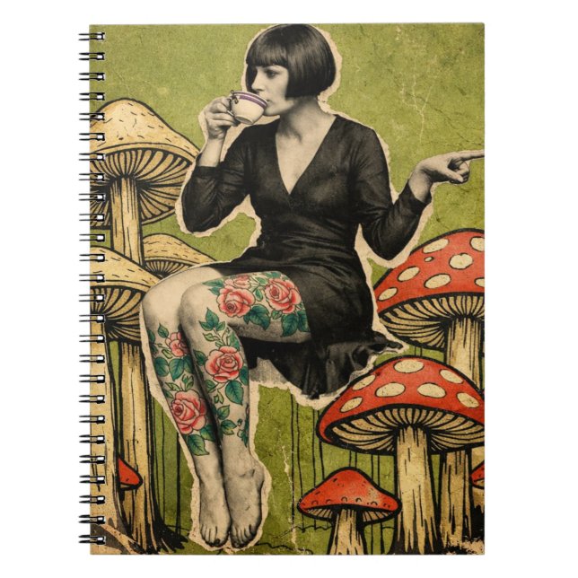 Beautiful Lady Drinks Tea Sits on Mushrooms Notebook (Front)