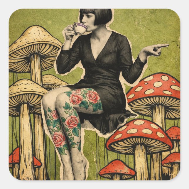 Beautiful Lady Drinks Tea Sits on Mushrooms Square Sticker (Front)