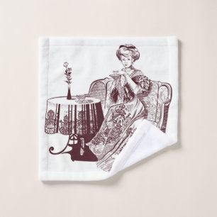Beautiful Lady drinks tea Wash Cloth