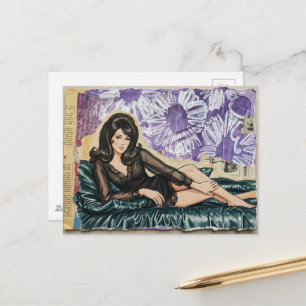Beautiful Lady from 1969 Purple Flowers Collage Postcard