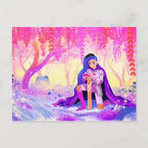 Beautiful lady knight in a blooming forest postcard