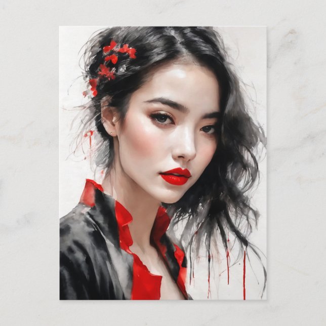 Beautiful Lady Red Ink Portrait Postcard (Front)