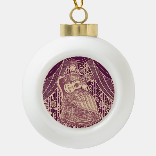 Beautiful lady with guitar ceramic ball christmas ornament (Front)