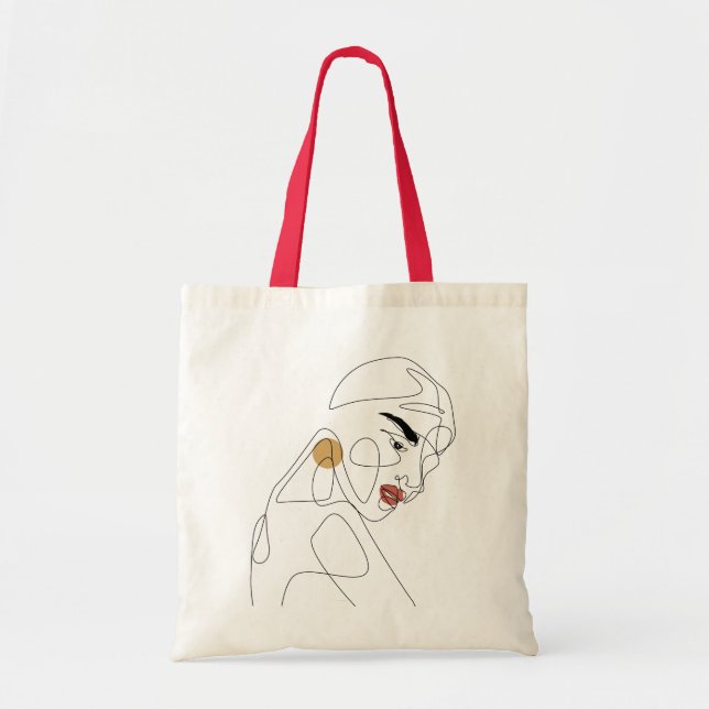 Beautiful Lady with Red Lipstick Minimal Line Art Tote Bag (Front)