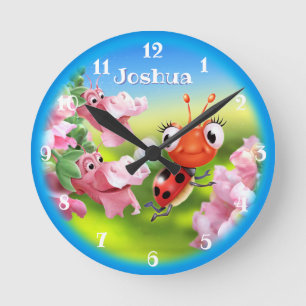 Beautiful Ladybug in the flower garden.Medium Round Clock