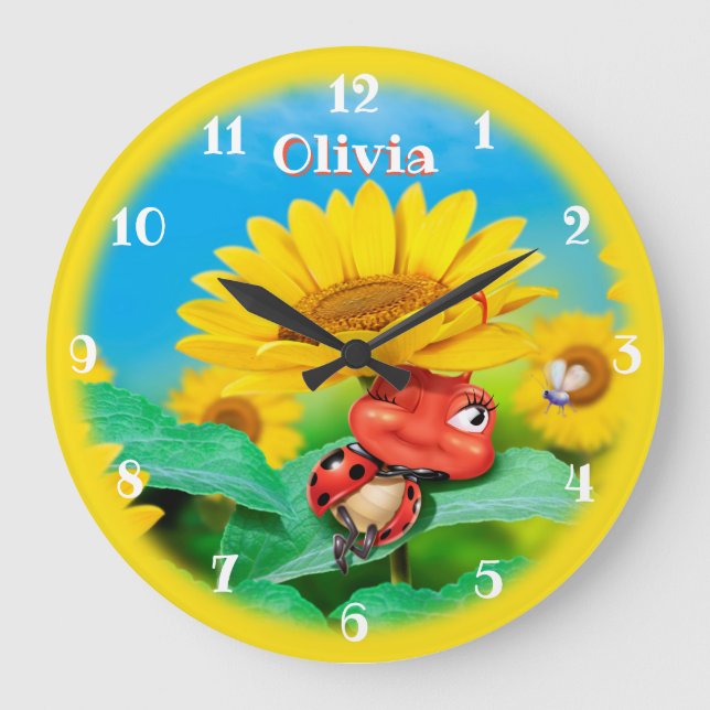 Beautiful Ladybug snoozing on Sunflowers. Large Clock (Front)