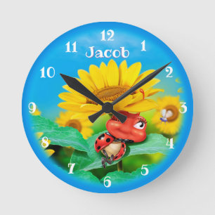 Beautiful Ladybug snoozing on Sunflowers. Medium Round Clock