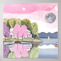 Beautiful Lake By The House With Full Moon Pink 