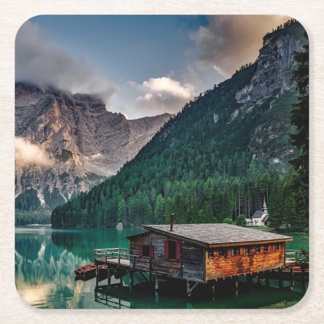 Beautiful Lake House Cabin in the Mountains Square Paper Coaster (Front)