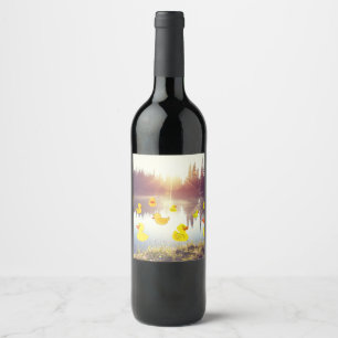 Beautiful lake in the sunrise with plastic dack sw wine label