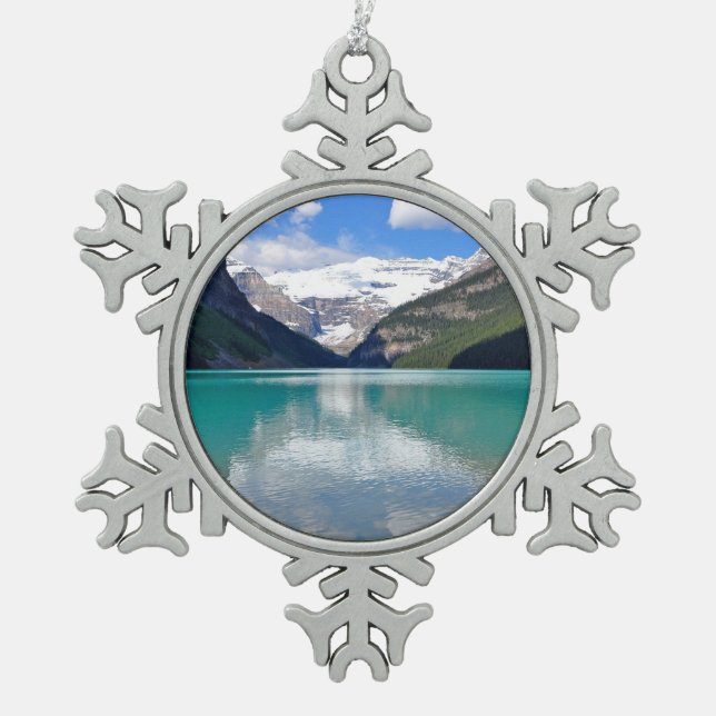 Beautiful Lake Louise in Banff Snowflake Pewter Christmas Ornament (Front)