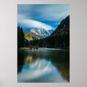 Beautiful lake with mountains in Zgornje Jezersko Poster