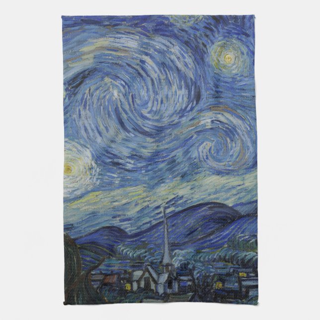 Beautiful Landscape Blue Night Sky Golden Stars Tea Towel (Vertical)