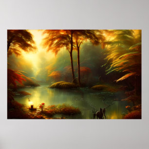 Beautiful landscape Golden autumn trees lake Poster
