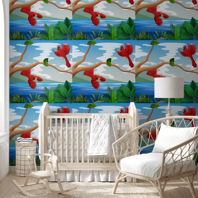 Beautiful Landscape Red Cardinals Flying Over Lake Wallpaper (Kids)