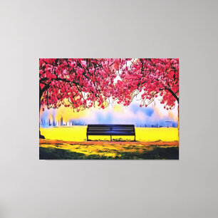 Beautiful landscape with cherry trees and a bench canvas print