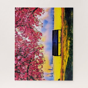 Beautiful landscape with cherry trees and a bench  jigsaw puzzle