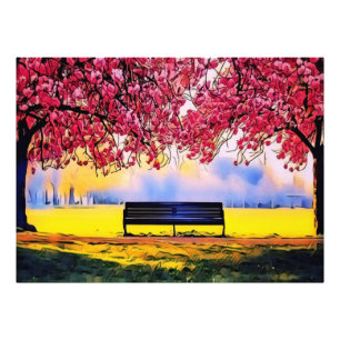 Beautiful landscape with cherry trees and a bench  photo print