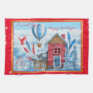 Beautiful Landscape With Snowman Customise Tea Towel