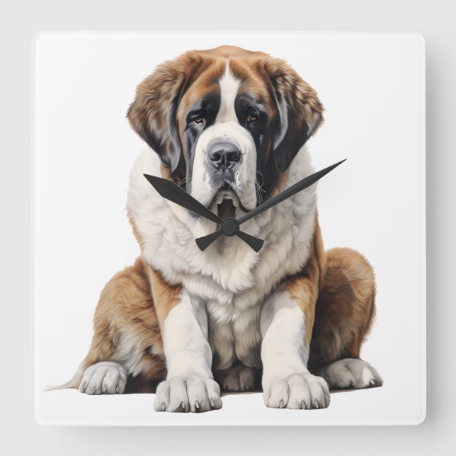 BEAUTIFUL LARGE SAINT BERNARD DOG SQUARE WALL CLOCK (Front)