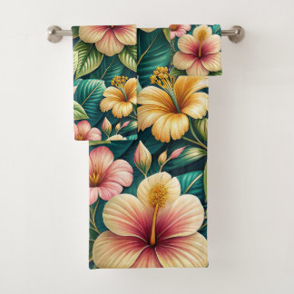 BEAUTIFUL LARGE TROPICAL HIBISCUS FLOWERS BATH TOWEL SET