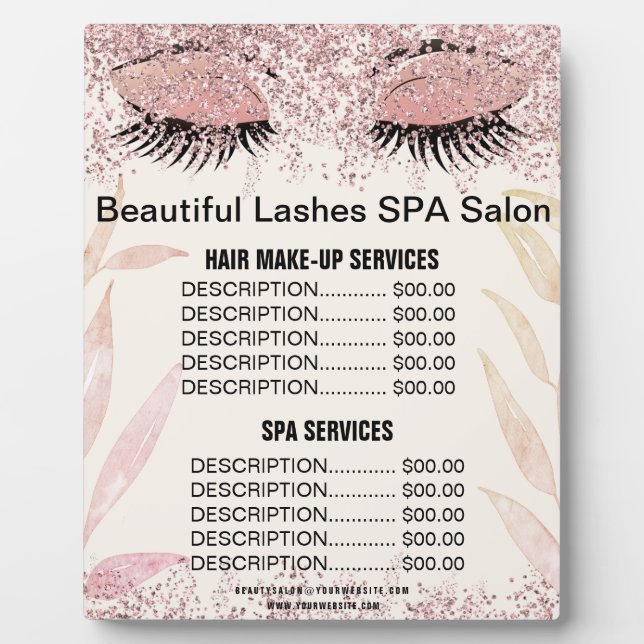 Beautiful Lashes Pink Glitter SPA Salon Price Menu Plaque (Front)