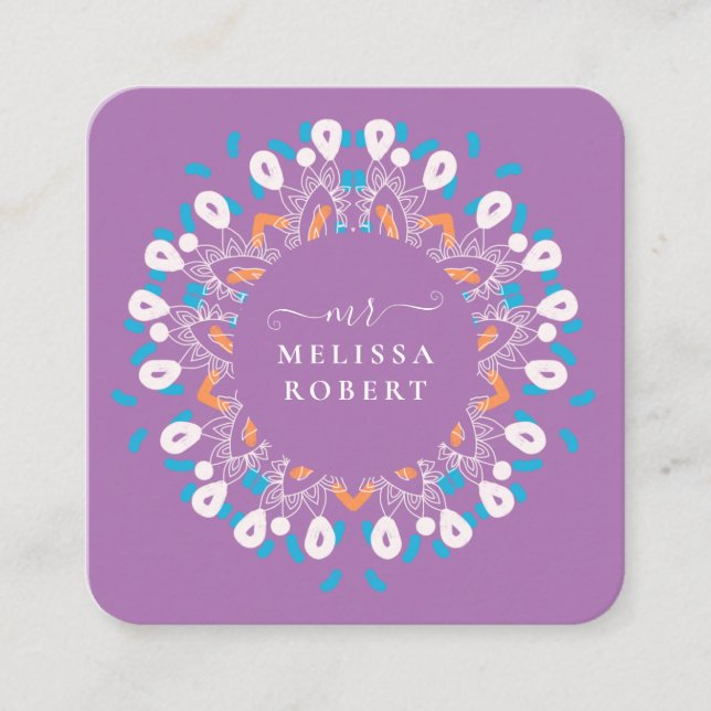 Beautiful Lavander Purple Floral Mandala Marble Square Business Card (Front)
