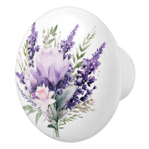 Beautiful Lavender and Mixed Floral Stems Ceramic Knob