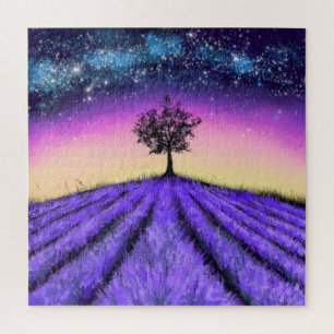 Beautiful Lavender Field At Starry Night - Drawing Jigsaw Puzzle