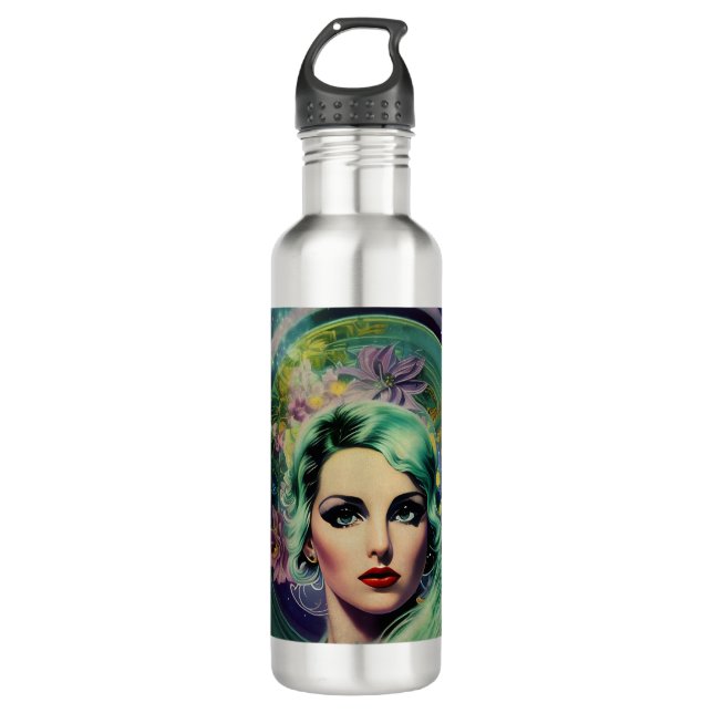 Beautiful Lavender & Green Retro Style Space Woman 710 Ml Water Bottle (Front)