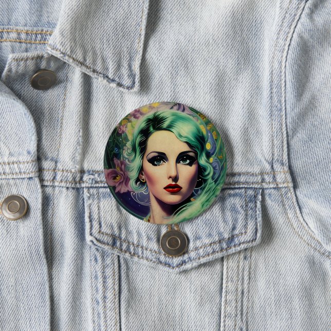 Beautiful Lavender & Green Retro Style Space Woman 7.5 Cm Round Badge (In Situ)