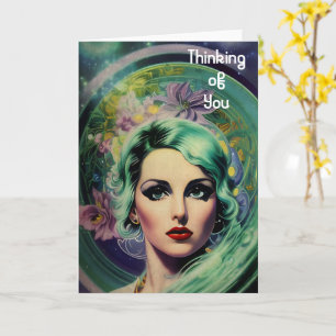 Beautiful Lavender & Green Retro Style Space Woman Card