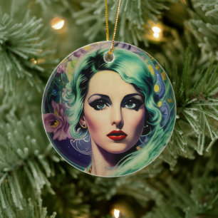 Beautiful Lavender & Green Retro Style Space Woman Ceramic Tree Decoration