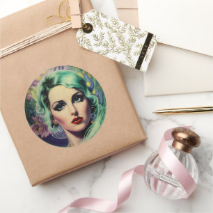 Beautiful Lavender & Green Retro Style Space Woman Classic Round Sticker