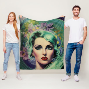 Beautiful Lavender & Green Retro Style Space Woman Fleece Blanket
