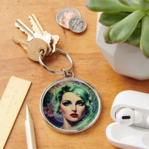 Beautiful Lavender & Green Retro Style Space Woman Key Ring