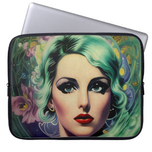 Beautiful Lavender & Green Retro Style Space Woman Laptop Sleeve