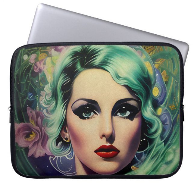 Beautiful Lavender & Green Retro Style Space Woman Laptop Sleeve (Front)