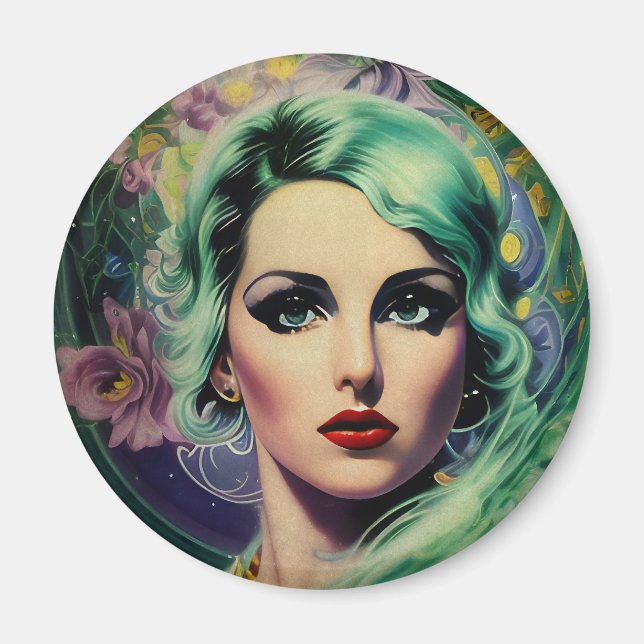 Beautiful Lavender & Green Retro Style Space Woman Magnet (Front)