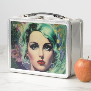 Beautiful Lavender & Green Retro Style Space Woman Metal Lunch Box
