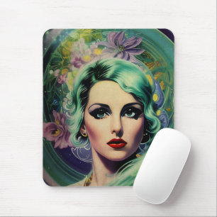 Beautiful Lavender & Green Retro Style Space Woman Mouse Mat